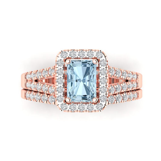 1.72 cttw Emerald Cut Natural Aquamarine Bridal Set - Solid Rose Gold Engagement Ring & Wedding Band