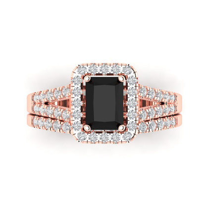 1.72 cttw Emerald Cut Natural Onyx Bridal Set - Solid Rose Gold Engagement Ring & Wedding Band