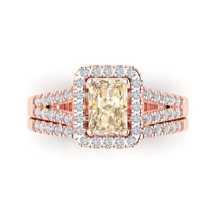 1.72 cttw Emerald Cut Natural Morganite Bridal Set - Solid Rose Gold Engagement Ring & Wedding Band