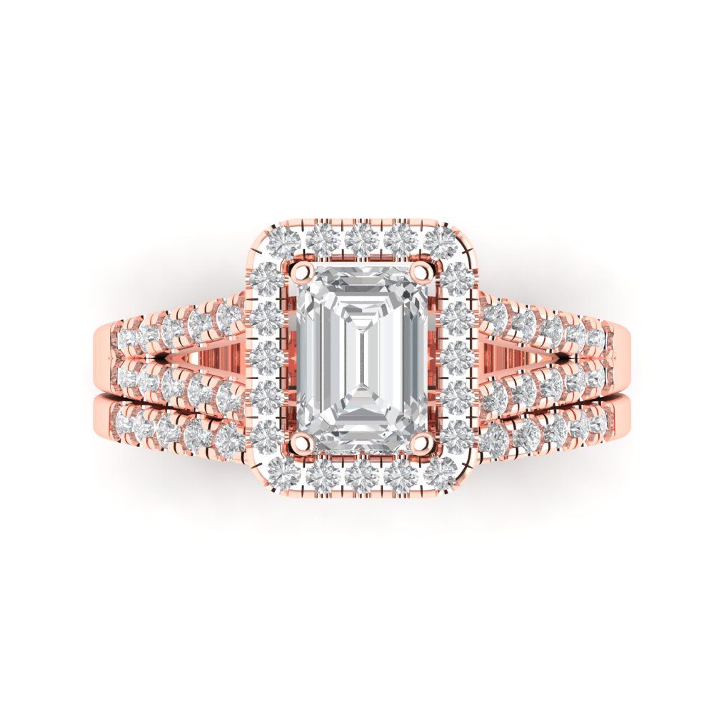 1.57 ct Brilliant Emerald Cut Natural Diamond Stone Clarity VS1-2 Color G-H Rose Gold Halo Solitaire with Accents Bridal Set