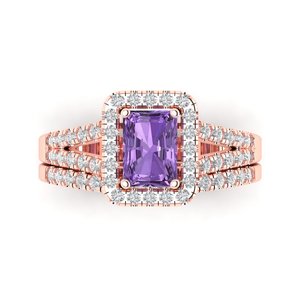 1.72 cttw Emerald Cut Simulated Alexandrite Bridal Set - Solid Rose Gold Engagement Ring & Wedding Band