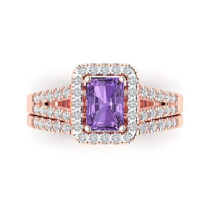 1.72 cttw Emerald Cut Simulated Alexandrite Bridal Set - Solid Rose Gold Engagement Ring & Wedding Band