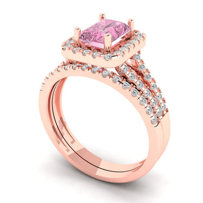 1.72 cttw Emerald Cut Simulated Pink Diamond Bridal Set - Solid Rose Gold Engagement Ring & Wedding Band