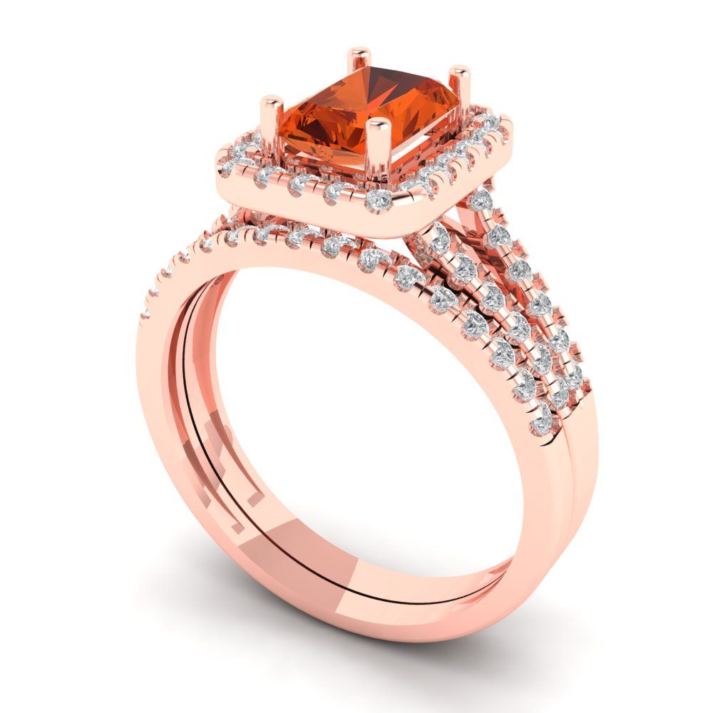 1.72 cttw Emerald Cut Simulated Red Diamond Bridal Set - Solid Rose Gold Engagement Ring & Wedding Band
