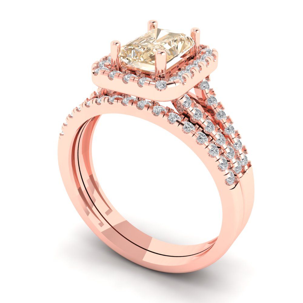 1.72 cttw Emerald Cut Natural Morganite Bridal Set - Solid Rose Gold Engagement Ring & Wedding Band