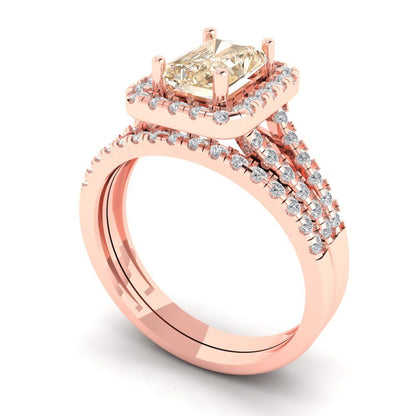 1.72 cttw Emerald Cut Natural Morganite Bridal Set - Solid Rose Gold Engagement Ring & Wedding Band