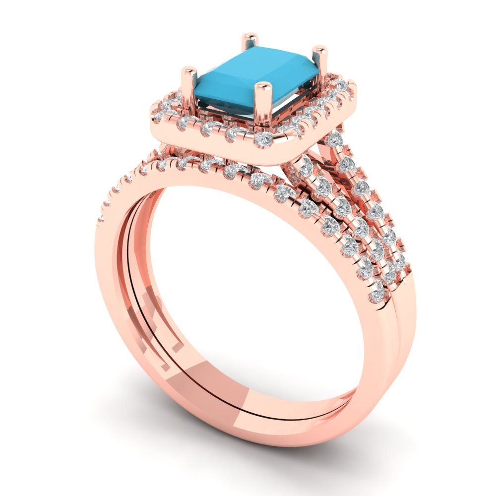 1.72 cttw Emerald Cut Simulated Turquoise Bridal Set - Solid Rose Gold Engagement Ring & Wedding Band