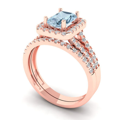 1.72 cttw Emerald Cut Simulated Blue Diamond Bridal Set - Solid Rose Gold Engagement Ring & Wedding Band