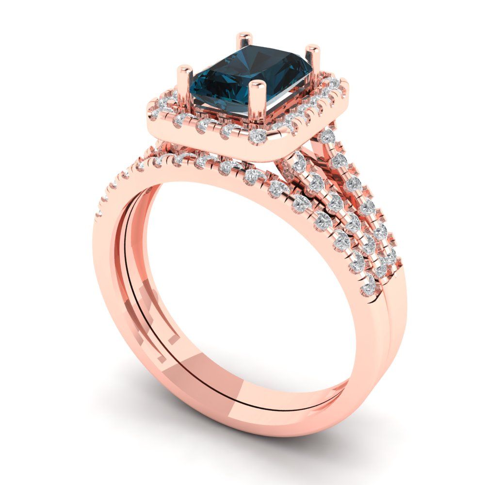 1.72 cttw Emerald Cut Natural London Blue Topaz Bridal Set - Solid Rose Gold Engagement Ring & Wedding Band