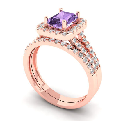 1.72 cttw Emerald Cut Simulated Alexandrite Bridal Set - Solid Rose Gold Engagement Ring & Wedding Band