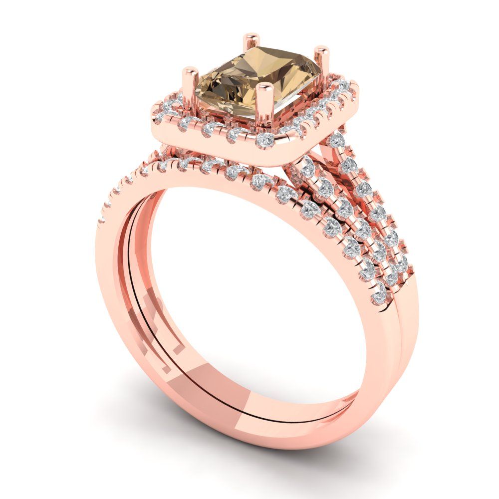 1.72 cttw Emerald Cut Simulated Champagne Diamond Bridal Set - Solid Rose Gold Engagement Ring & Wedding Band