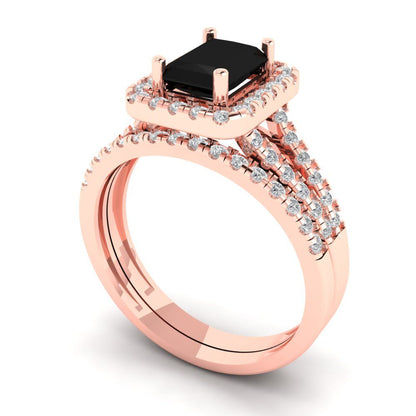 1.72 cttw Emerald Cut Natural Onyx Bridal Set - Solid Rose Gold Engagement Ring & Wedding Band