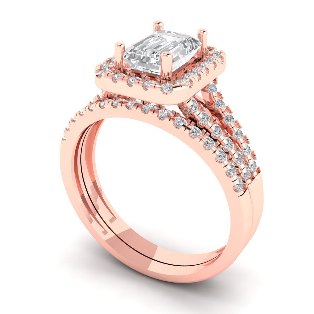 1.72 cttw Emerald Cut Zirconia Simulated Diamond Bridal Set - Solid Rose Gold Engagement Ring & Wedding Band