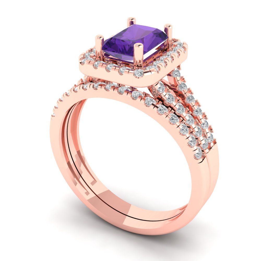 1.72 cttw Emerald Cut Natural Amethyst Bridal Set - Solid Rose Gold Engagement Ring & Wedding Band