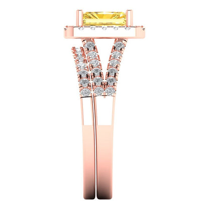 1.72 cttw Emerald Cut Natural Citrine Bridal Set - Solid Rose Gold Engagement Ring & Wedding Band