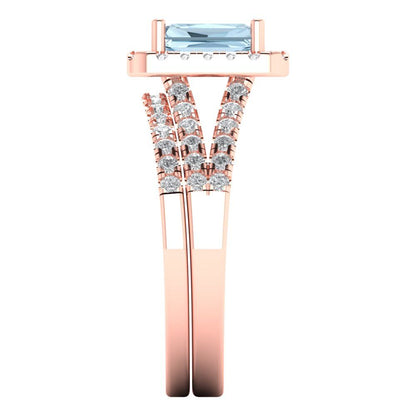 1.72 cttw Emerald Cut Natural Sky Blue Topaz Bridal Set - Solid Rose Gold Engagement Ring & Wedding Band