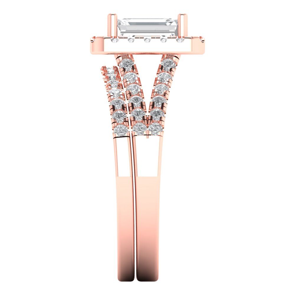 1.57 ct Brilliant Emerald Cut Natural Diamond Stone Clarity VS1-2 Color G-H Rose Gold Halo Solitaire with Accents Bridal Set
