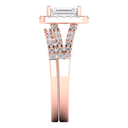 1.57 ct Brilliant Emerald Cut Natural Diamond Stone Clarity VS1-2 Color G-H Rose Gold Halo Solitaire with Accents Bridal Set