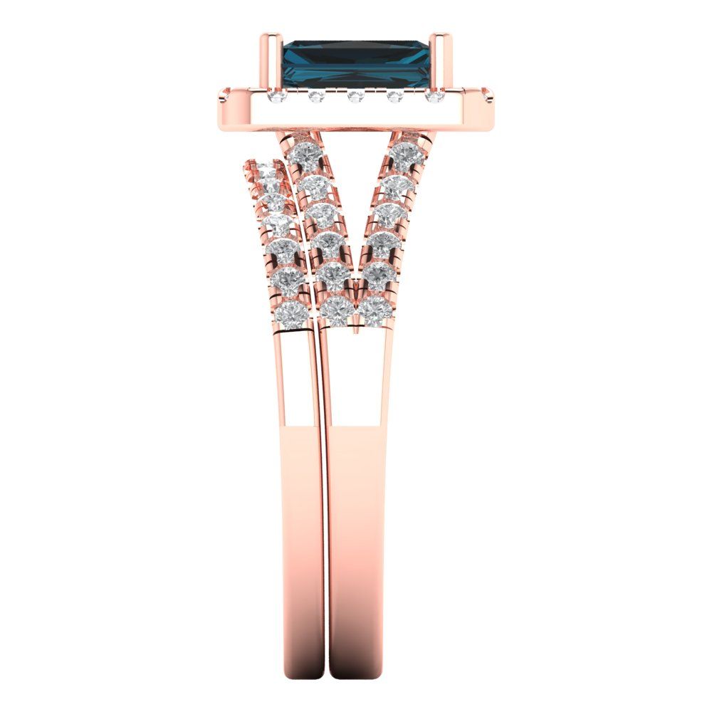 1.72 cttw Emerald Cut Natural London Blue Topaz Bridal Set - Solid Rose Gold Engagement Ring & Wedding Band