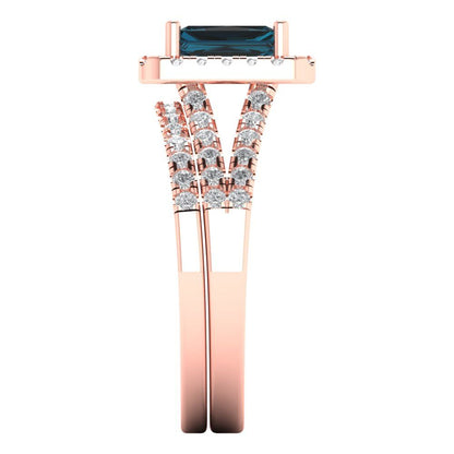1.72 cttw Emerald Cut Natural London Blue Topaz Bridal Set - Solid Rose Gold Engagement Ring & Wedding Band