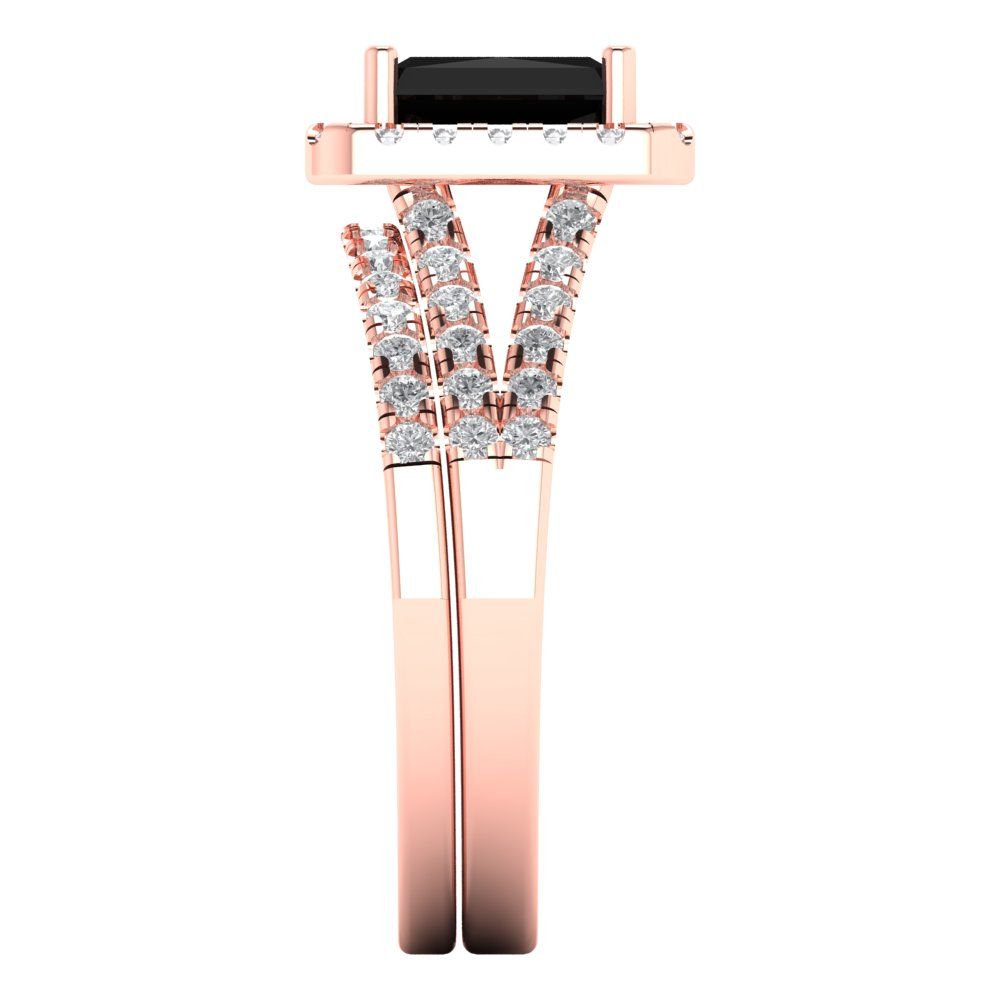 1.72 cttw Emerald Cut Natural Onyx Bridal Set - Solid Rose Gold Engagement Ring & Wedding Band