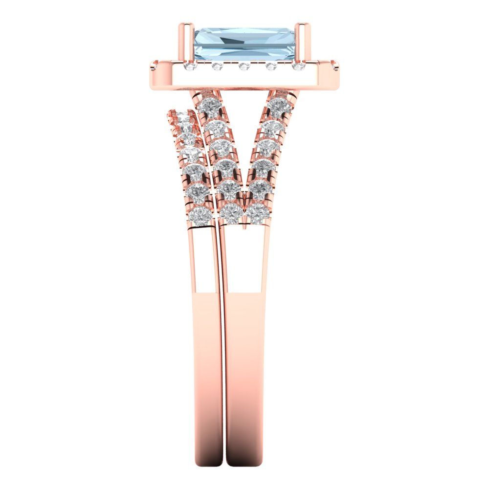 1.72 cttw Emerald Cut Natural Aquamarine Bridal Set - Solid Rose Gold Engagement Ring & Wedding Band