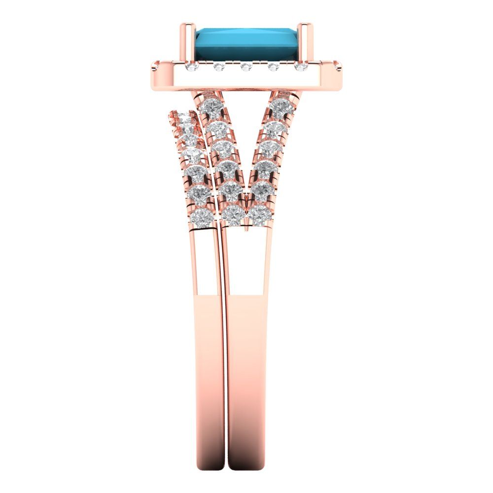 1.72 cttw Emerald Cut Simulated Turquoise Bridal Set - Solid Rose Gold Engagement Ring & Wedding Band