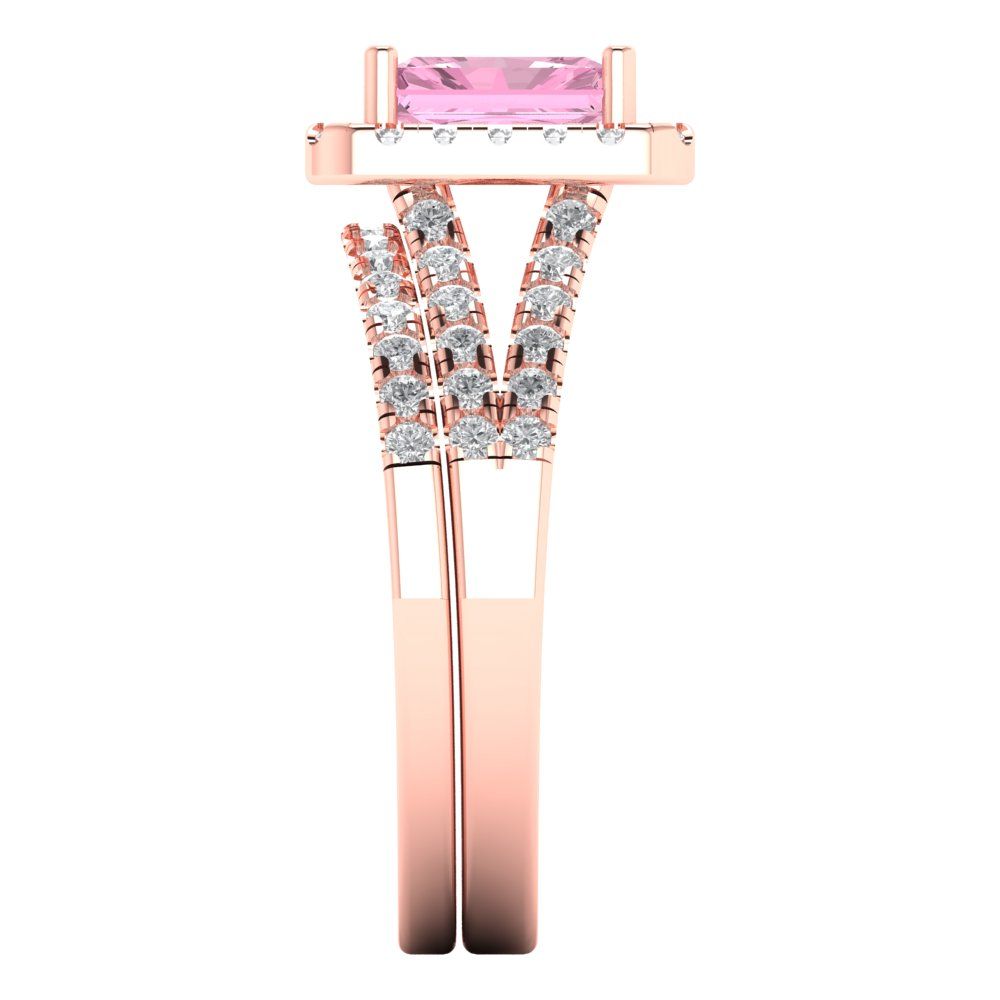 1.72 cttw Emerald Cut Simulated Pink Diamond Bridal Set - Solid Rose Gold Engagement Ring & Wedding Band