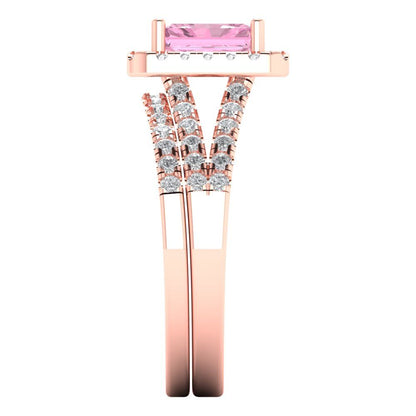 1.72 cttw Emerald Cut Simulated Pink Diamond Bridal Set - Solid Rose Gold Engagement Ring & Wedding Band