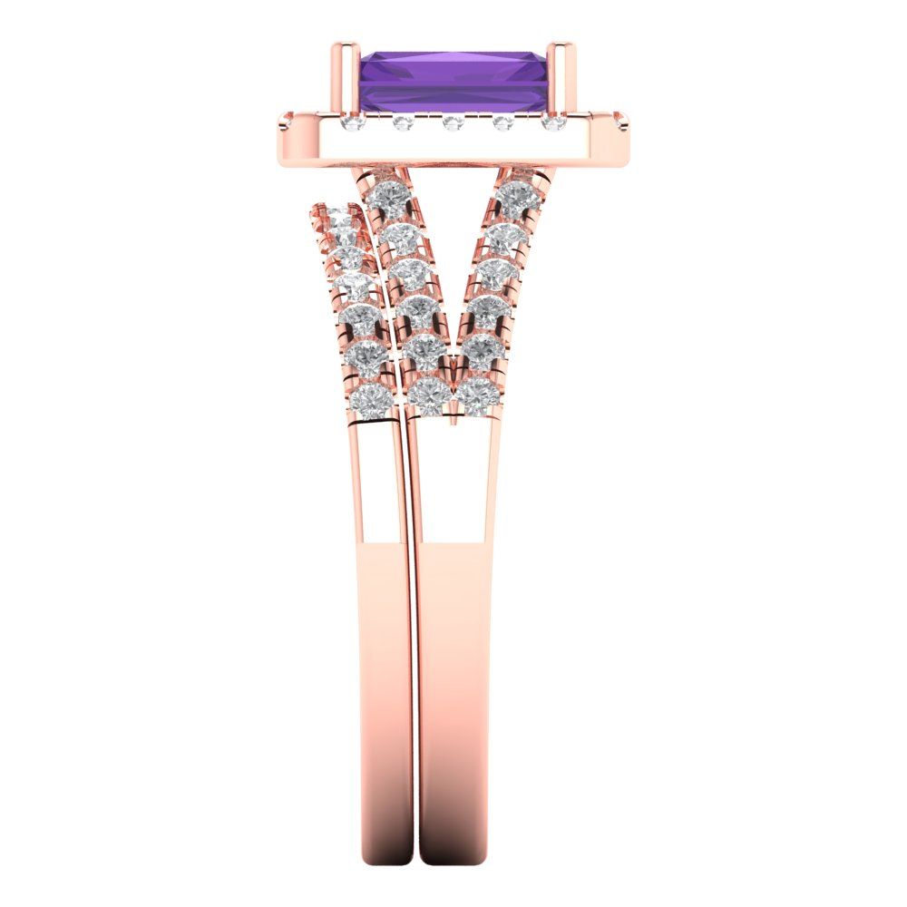 1.72 cttw Emerald Cut Natural Amethyst Bridal Set - Solid Rose Gold Engagement Ring & Wedding Band
