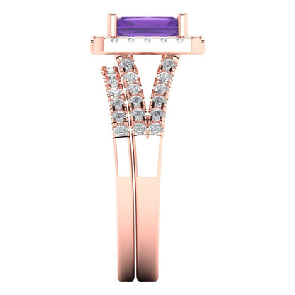 1.72 cttw Emerald Cut Natural Amethyst Bridal Set - Solid Rose Gold Engagement Ring & Wedding Band