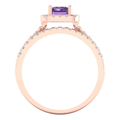 1.72 cttw Emerald Cut Simulated Alexandrite Bridal Set - Solid Rose Gold Engagement Ring & Wedding Band