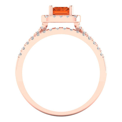 1.72 cttw Emerald Cut Simulated Red Diamond Bridal Set - Solid Rose Gold Engagement Ring & Wedding Band