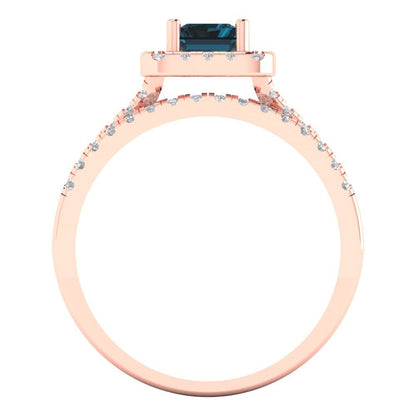 1.72 cttw Emerald Cut Natural London Blue Topaz Bridal Set - Solid Rose Gold Engagement Ring & Wedding Band