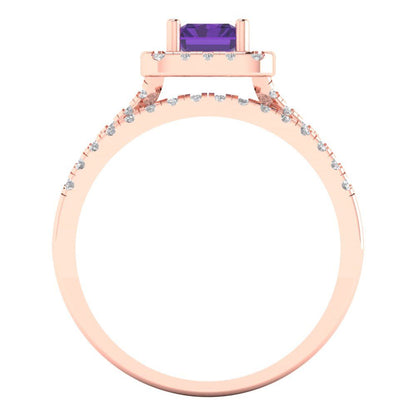 1.72 cttw Emerald Cut Natural Amethyst Bridal Set - Solid Rose Gold Engagement Ring & Wedding Band