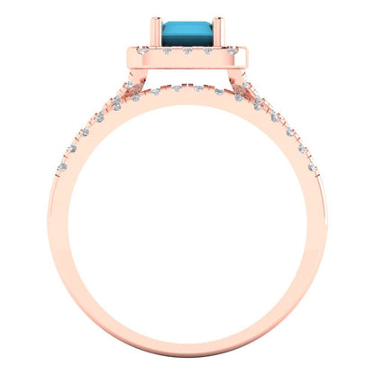 1.72 cttw Emerald Cut Simulated Turquoise Bridal Set - Solid Rose Gold Engagement Ring & Wedding Band