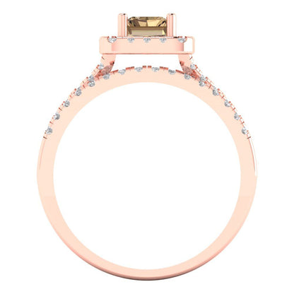 1.72 cttw Emerald Cut Simulated Champagne Diamond Bridal Set - Solid Rose Gold Engagement Ring & Wedding Band