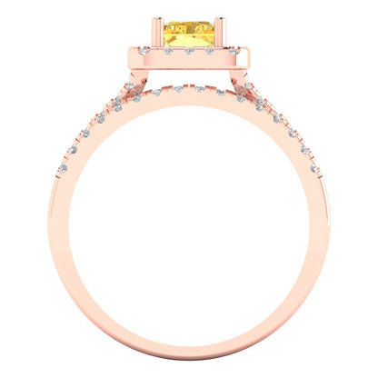 1.72 cttw Emerald Cut Simulated Yellow Diamond Bridal Set - Solid Rose Gold Engagement Ring & Wedding Band