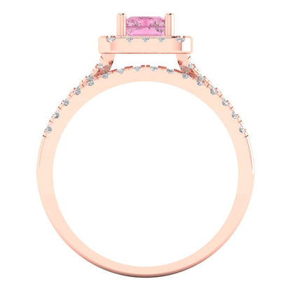 1.72 cttw Emerald Cut Simulated Pink Diamond Bridal Set - Solid Rose Gold Engagement Ring & Wedding Band