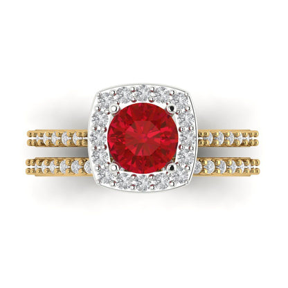 1.495 cttw Round Cut Simulated Pink Tourmaline Bridal Set - Solid Yellow/White Gold Engagement Ring & Wedding Band