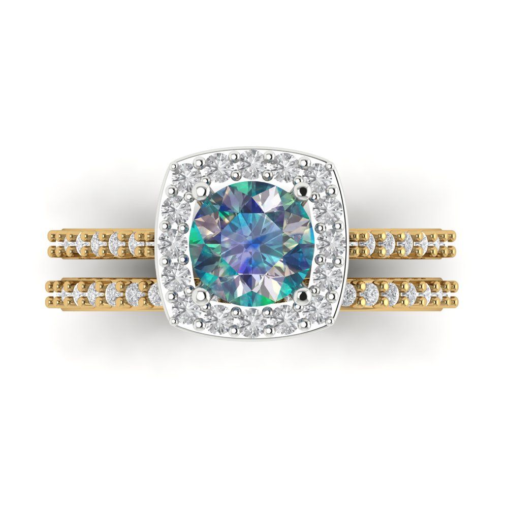 1.495 cttw Round Cut Blue Moissanite Bridal Set - Solid Yellow/White Gold Engagement Ring & Wedding Band