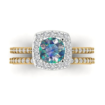 1.495 cttw Round Cut Blue Moissanite Bridal Set - Solid Yellow/White Gold Engagement Ring & Wedding Band