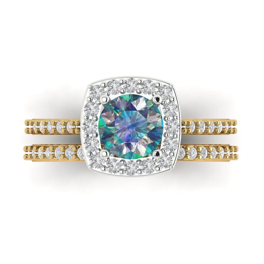 1.495 cttw Round Cut Blue Moissanite Bridal Set - Solid Yellow/White Gold Engagement Ring & Wedding Band