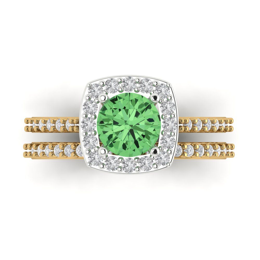 1.495 cttw Round Cut Simulated Green Diamond Bridal Set - Solid Yellow/White Gold Engagement Ring & Wedding Band