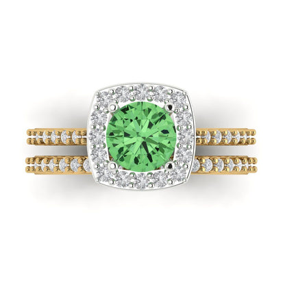 1.495 cttw Round Cut Simulated Green Diamond Bridal Set - Solid Yellow/White Gold Engagement Ring & Wedding Band