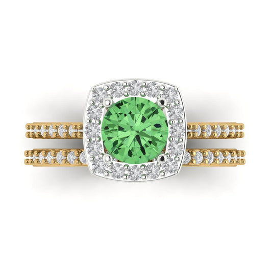 1.495 cttw Round Cut Simulated Green Diamond Bridal Set - Solid Yellow/White Gold Engagement Ring & Wedding Band