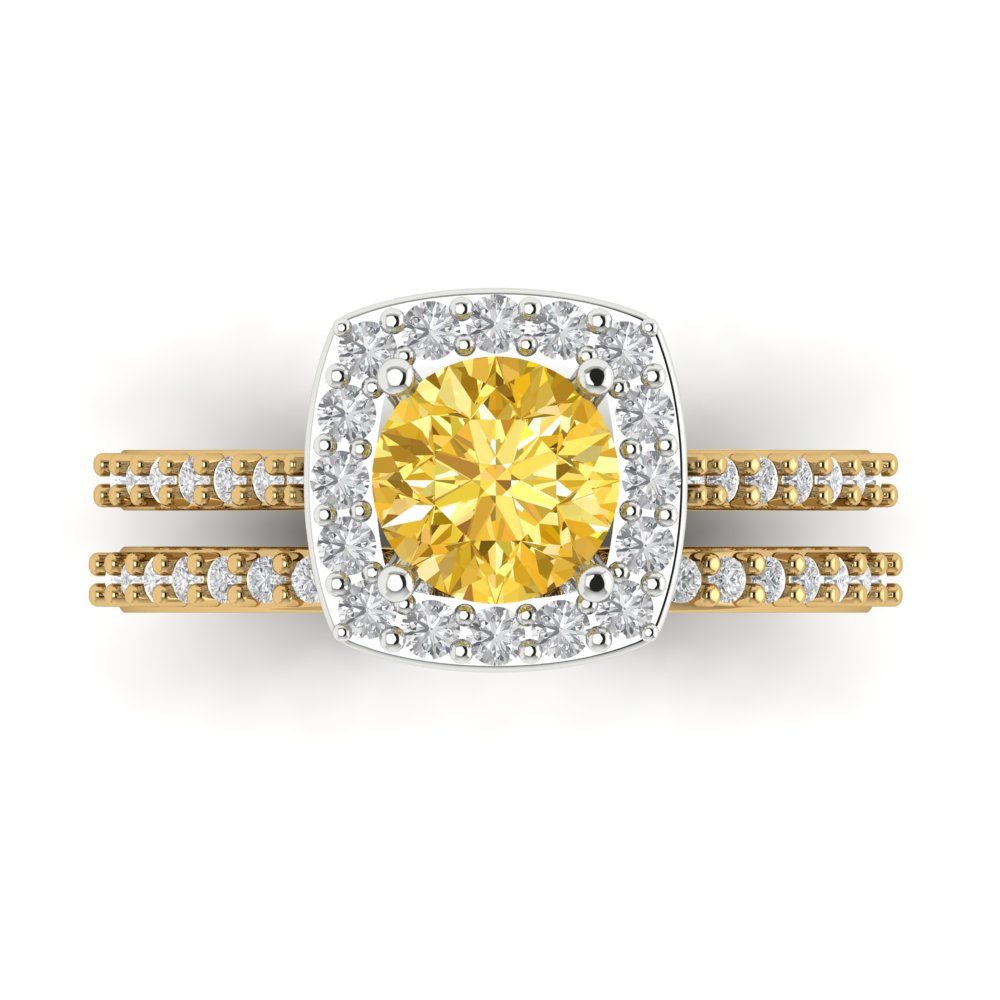 1.495 cttw Round Cut Natural Citrine Bridal Set - Solid Yellow/White Gold Engagement Ring & Wedding Band