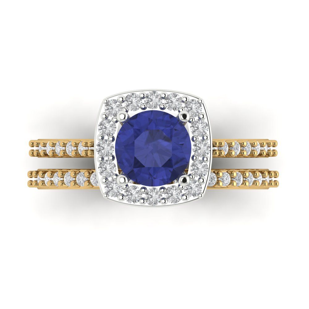 1.495 cttw Round Cut Simulated Tanzanite Bridal Set - Solid Yellow/White Gold Engagement Ring & Wedding Band