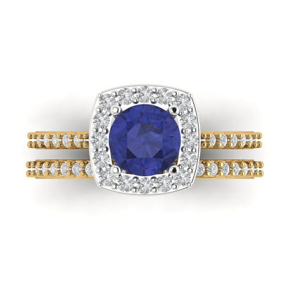 1.495 cttw Round Cut Simulated Tanzanite Bridal Set - Solid Yellow/White Gold Engagement Ring & Wedding Band