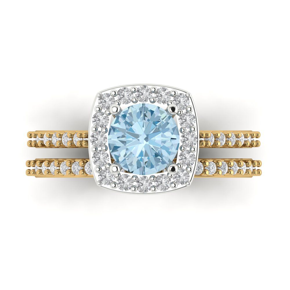 1.495 cttw Round Cut Natural Swiss Blue Topaz Bridal Set - Solid Yellow/White Gold Engagement Ring & Wedding Band